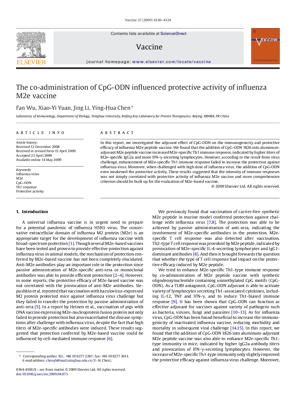 The co-administration of CpG-ODN influenced protective activity of influenza M2e vaccine