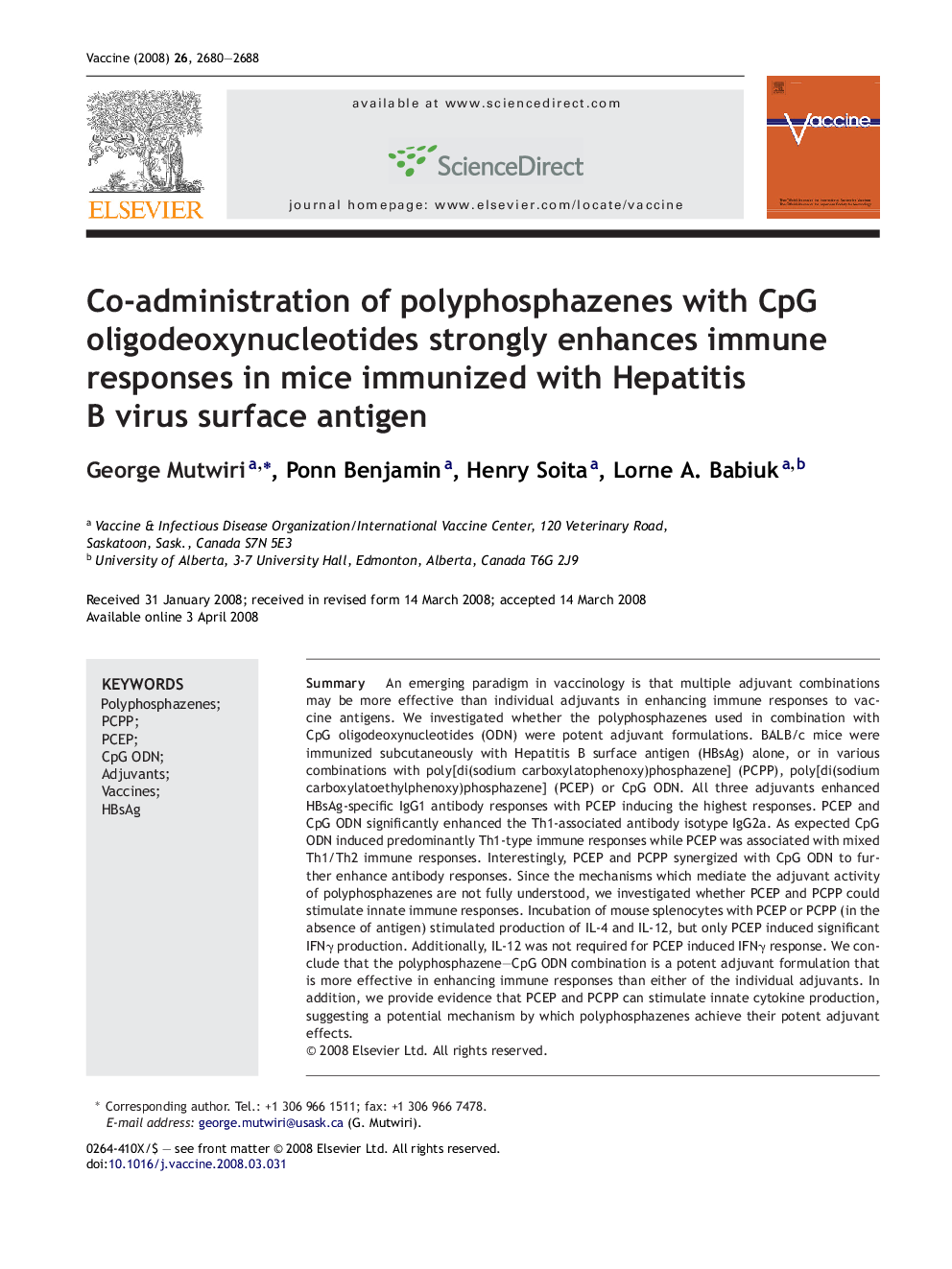 Co-administration of polyphosphazenes with CpG oligodeoxynucleotides strongly enhances immune responses in mice immunized with Hepatitis B virus surface antigen