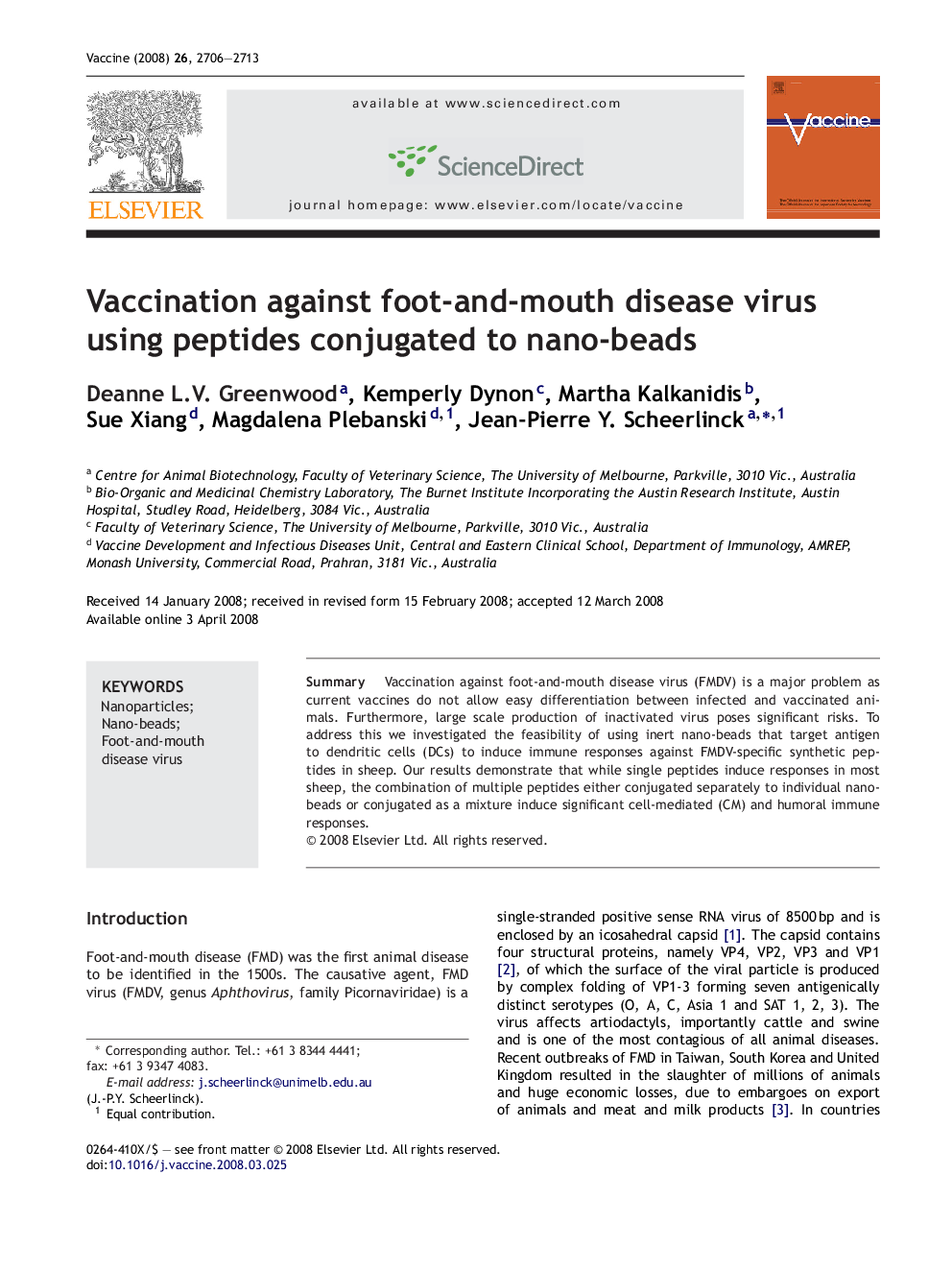 Vaccination against foot-and-mouth disease virus using peptides conjugated to nano-beads