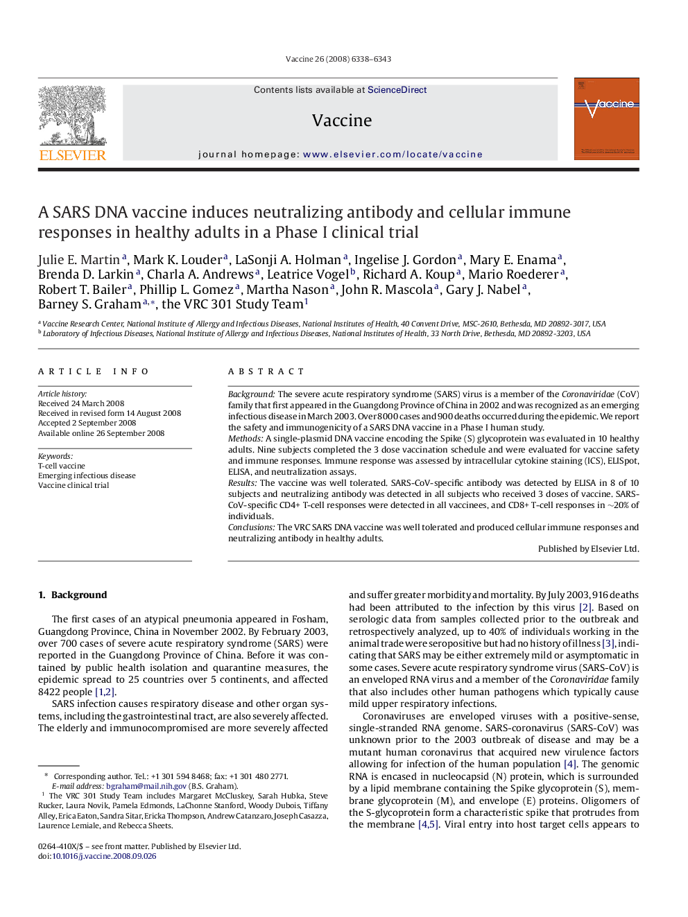 A SARS DNA vaccine induces neutralizing antibody and cellular immune responses in healthy adults in a Phase I clinical trial