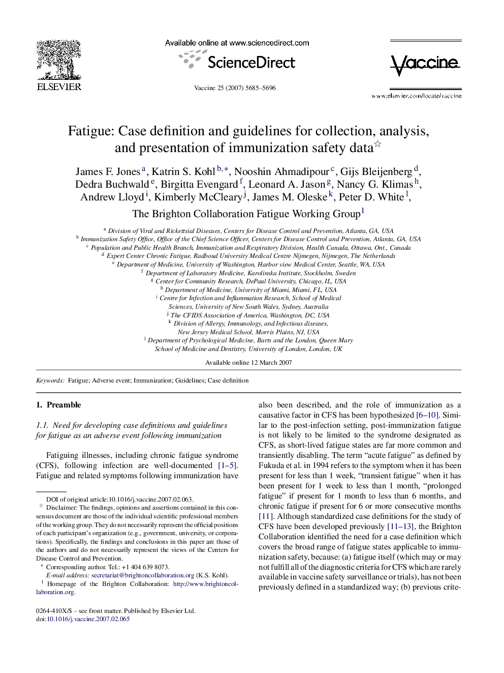 Fatigue: Case definition and guidelines for collection, analysis, and presentation of immunization safety data