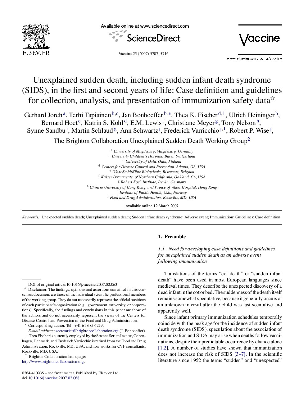 Unexplained sudden death, including sudden infant death syndrome (SIDS), in the first and second years of life: Case definition and guidelines for collection, analysis, and presentation of immunization safety data