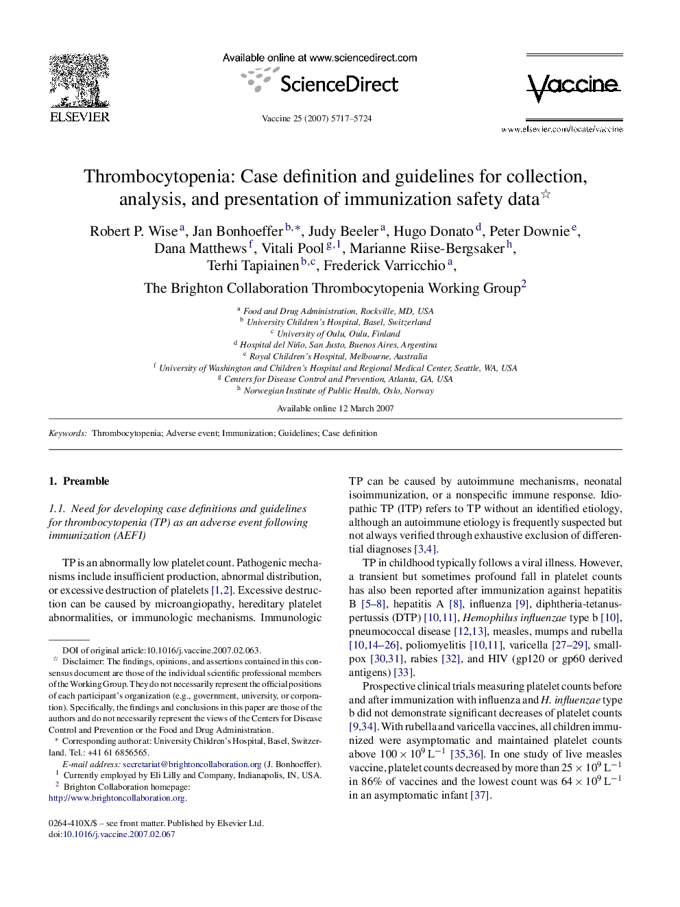 Thrombocytopenia: Case definition and guidelines for collection, analysis, and presentation of immunization safety data