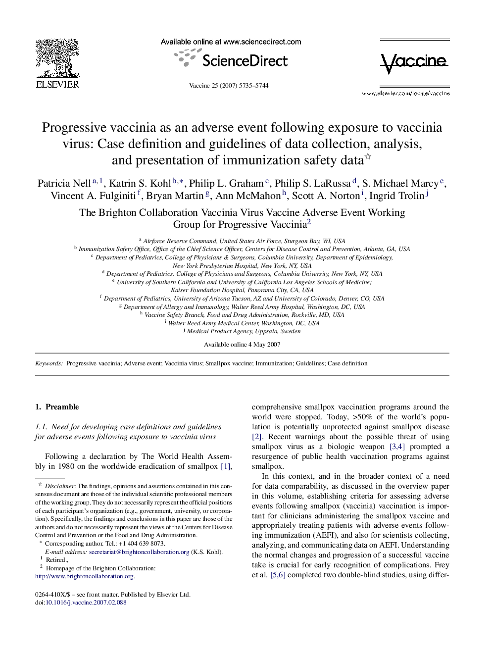 Progressive vaccinia as an adverse event following exposure to vaccinia virus: Case definition and guidelines of data collection, analysis, and presentation of immunization safety data