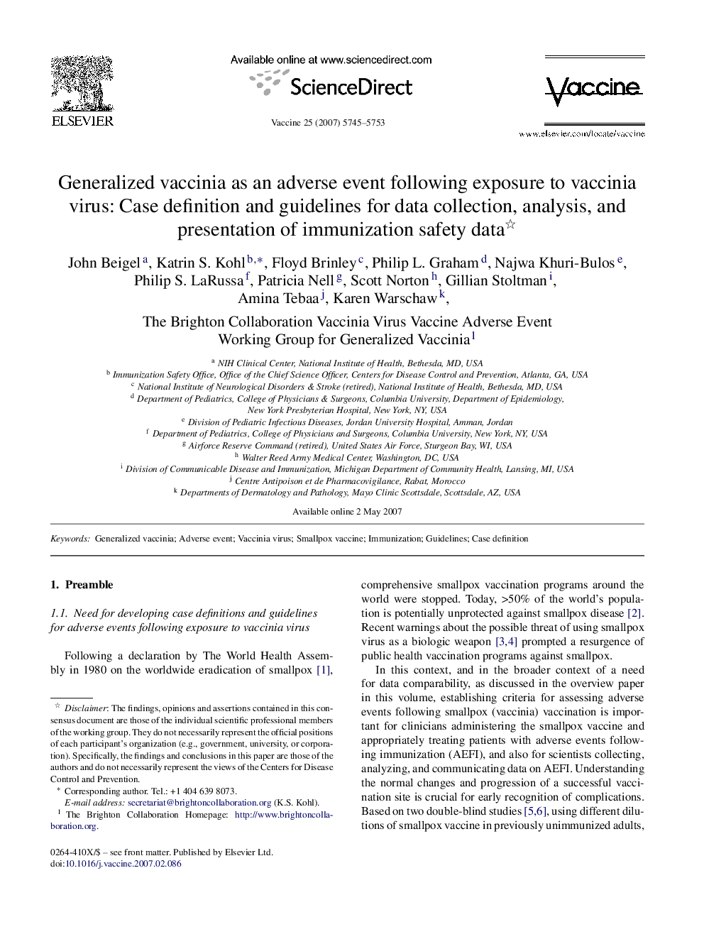 Generalized vaccinia as an adverse event following exposure to vaccinia virus: Case definition and guidelines for data collection, analysis, and presentation of immunization safety data