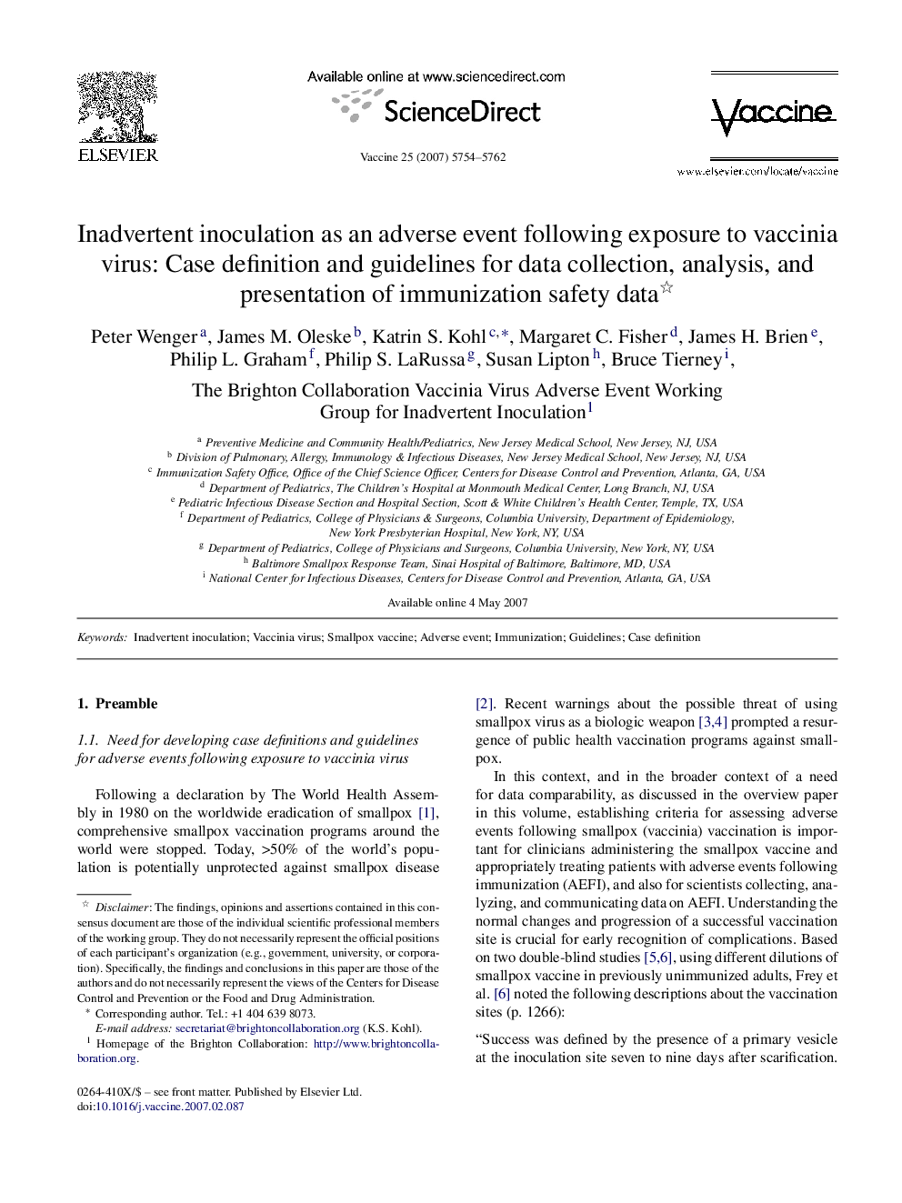 Inadvertent inoculation as an adverse event following exposure to vaccinia virus: Case definition and guidelines for data collection, analysis, and presentation of immunization safety data