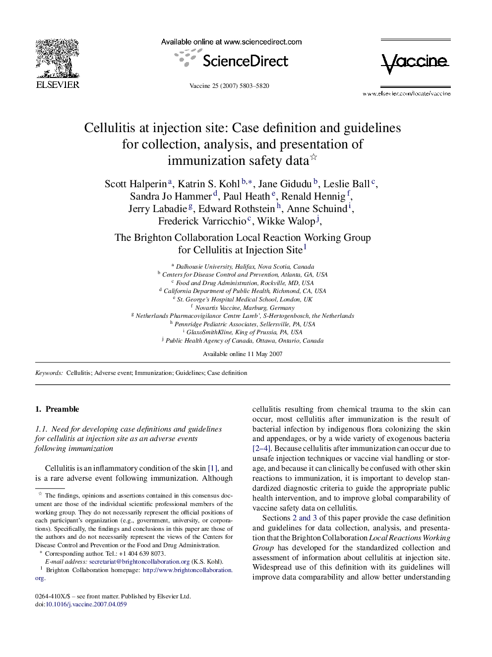 Cellulitis at injection site: Case definition and guidelines for collection, analysis, and presentation of immunization safety data