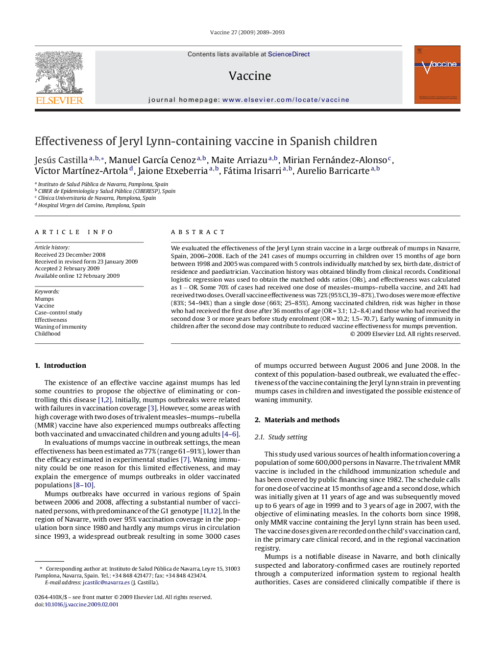 Effectiveness of Jeryl Lynn-containing vaccine in Spanish children