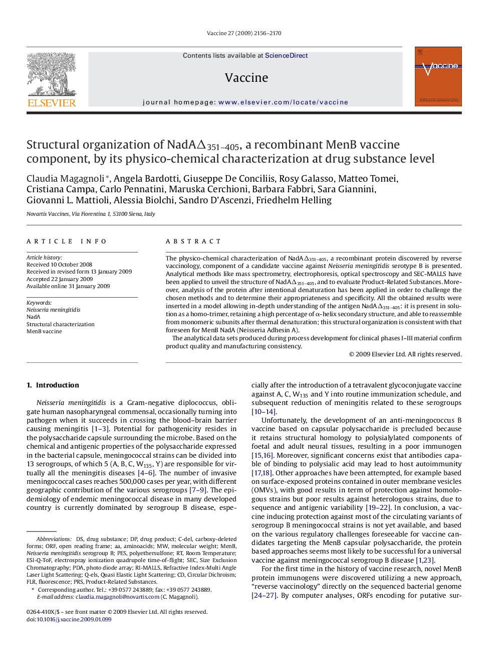 Structural organization of NadAΔ351–405, a recombinant MenB vaccine component, by its physico-chemical characterization at drug substance level