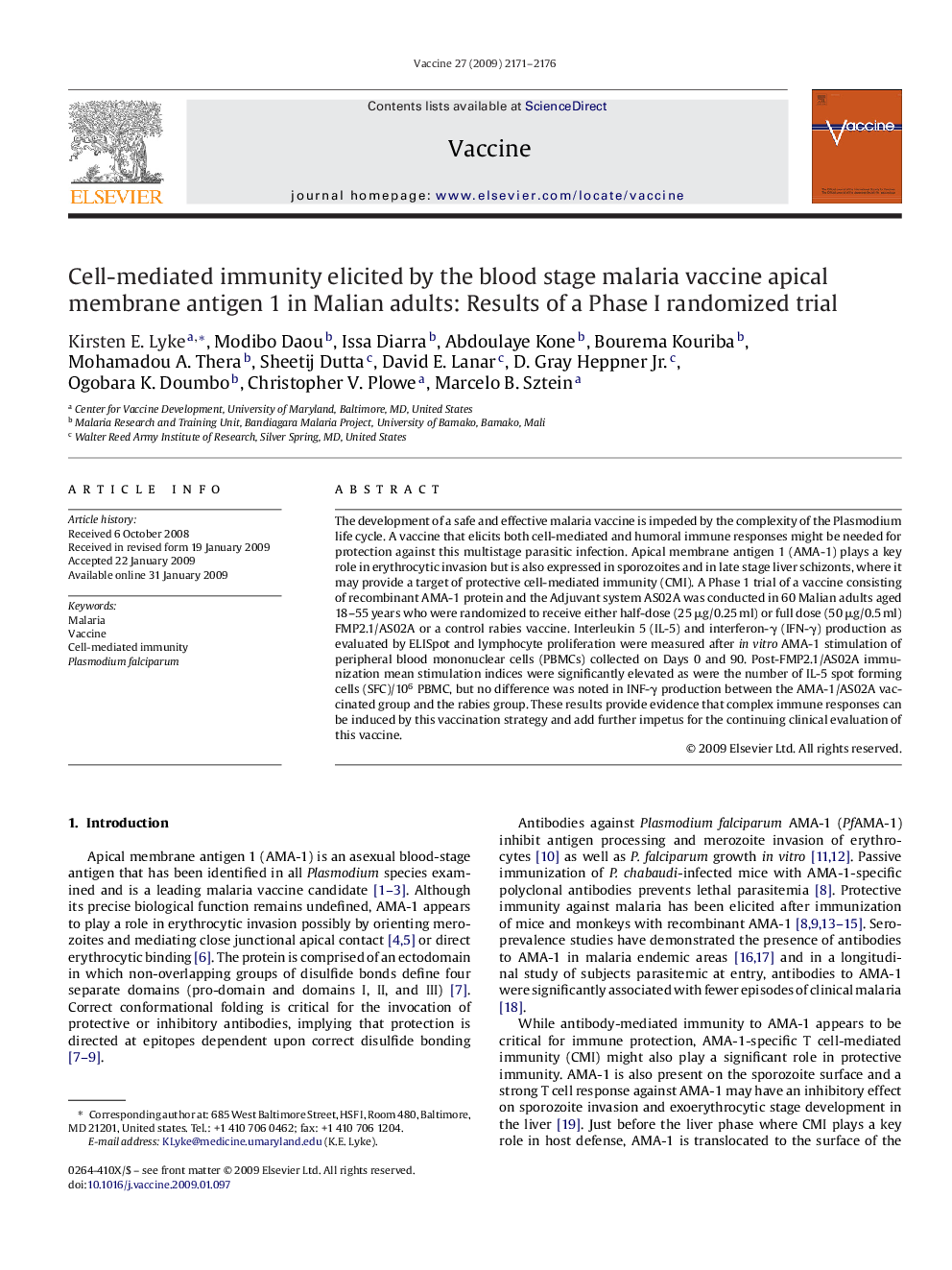 Cell-mediated immunity elicited by the blood stage malaria vaccine apical membrane antigen 1 in Malian adults: Results of a Phase I randomized trial