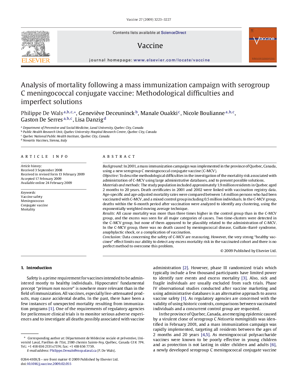 Analysis of mortality following a mass immunization campaign with serogroup C meningococcal conjugate vaccine: Methodological difficulties and imperfect solutions