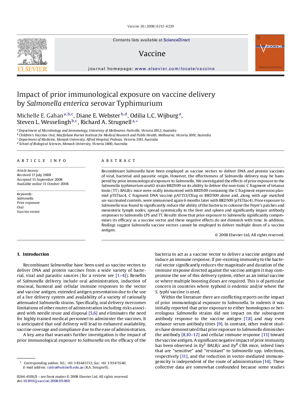 Impact of prior immunological exposure on vaccine delivery by Salmonella enterica serovar Typhimurium