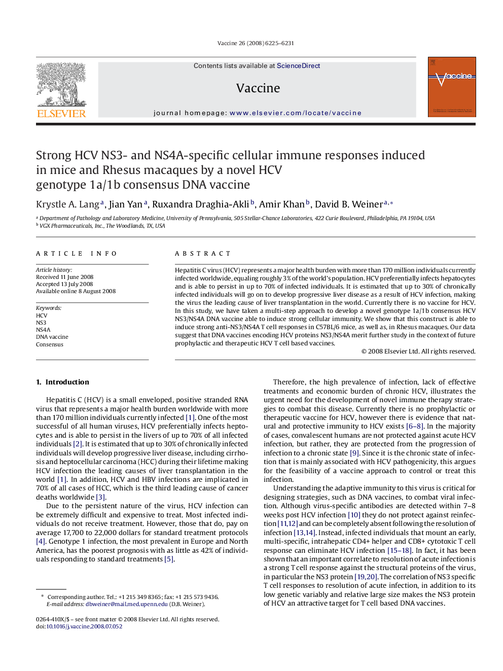 Strong HCV NS3- and NS4A-specific cellular immune responses induced in mice and Rhesus macaques by a novel HCV genotype 1a/1b consensus DNA vaccine