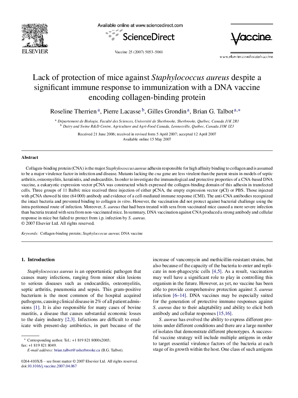 Lack of protection of mice against Staphylococcus aureus despite a significant immune response to immunization with a DNA vaccine encoding collagen-binding protein