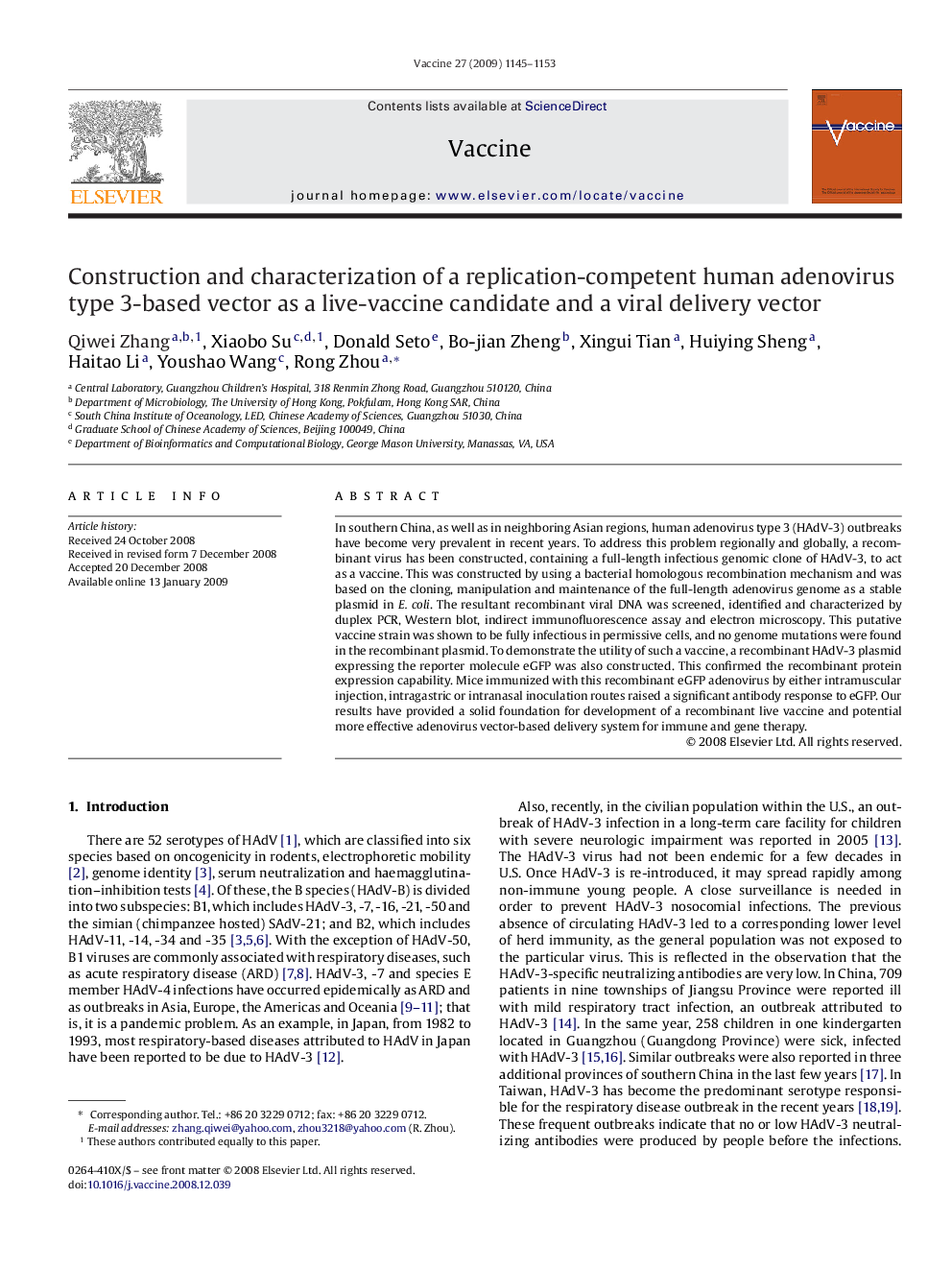 Construction and characterization of a replication-competent human adenovirus type 3-based vector as a live-vaccine candidate and a viral delivery vector