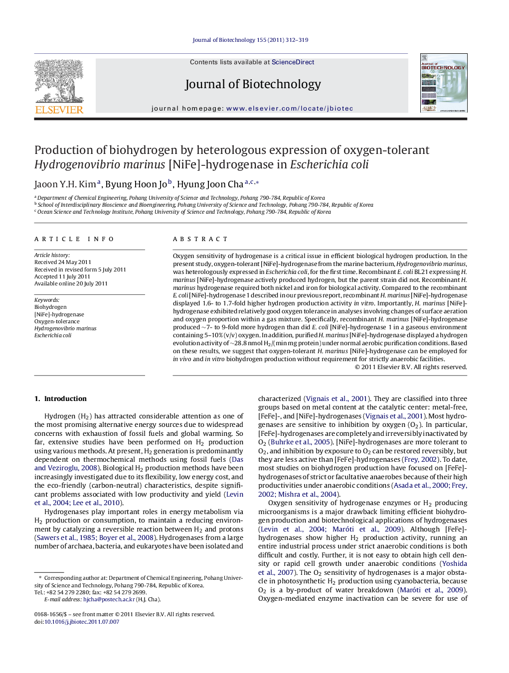 Production of biohydrogen by heterologous expression of oxygen-tolerant Hydrogenovibrio marinus [NiFe]-hydrogenase in Escherichia coli