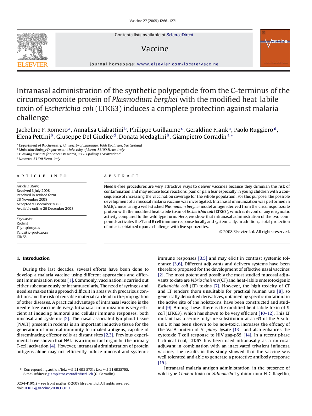 Intranasal administration of the synthetic polypeptide from the C-terminus of the circumsporozoite protein of Plasmodium berghei with the modified heat-labile toxin of Escherichia coli (LTK63) induces a complete protection against malaria challenge