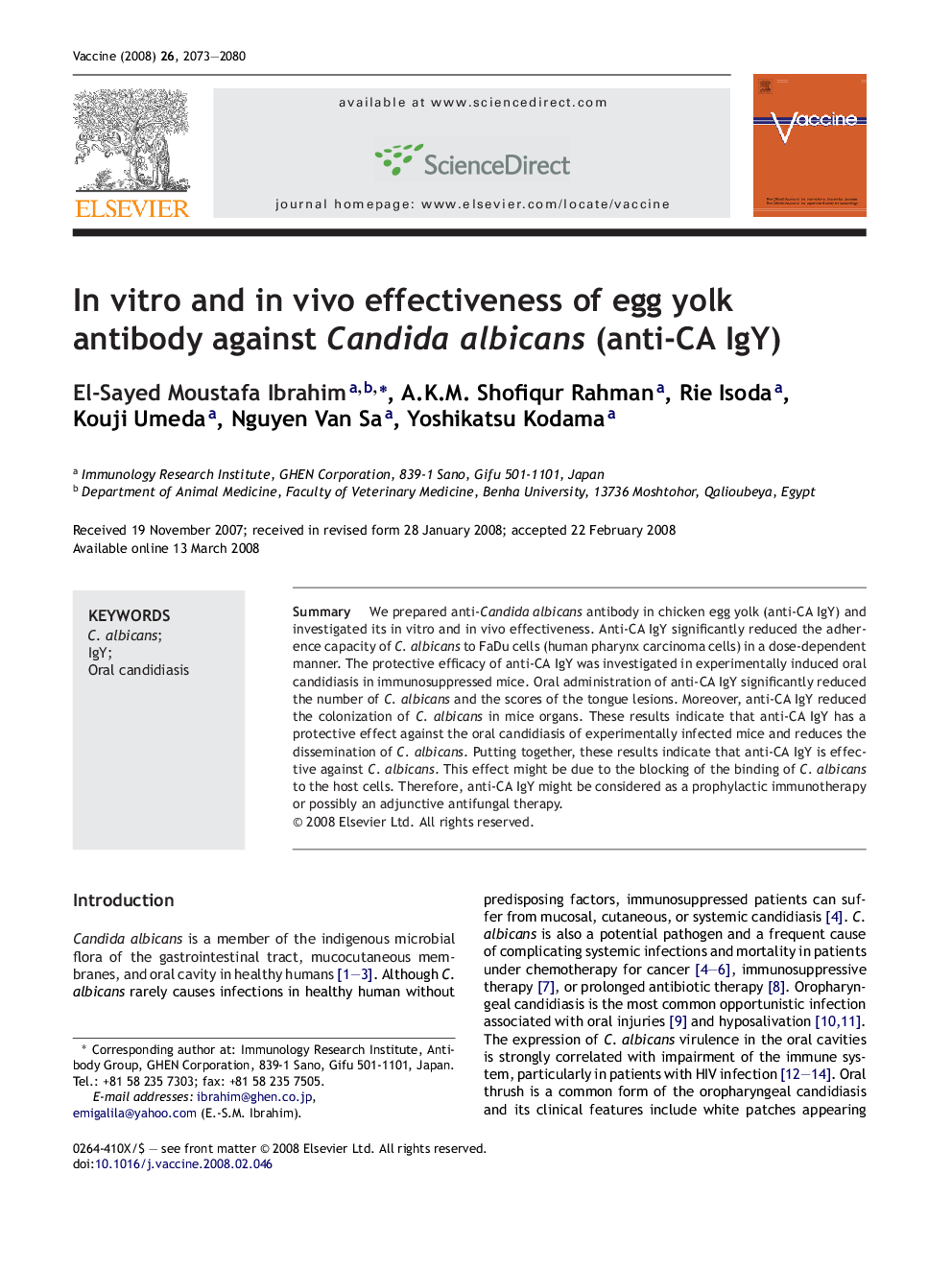 In vitro and in vivo effectiveness of egg yolk antibody against Candida albicans (anti-CA IgY)