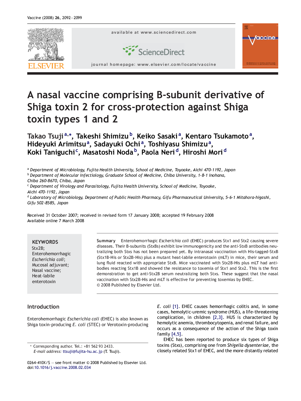 A nasal vaccine comprising B-subunit derivative of Shiga toxin 2 for cross-protection against Shiga toxin types 1 and 2