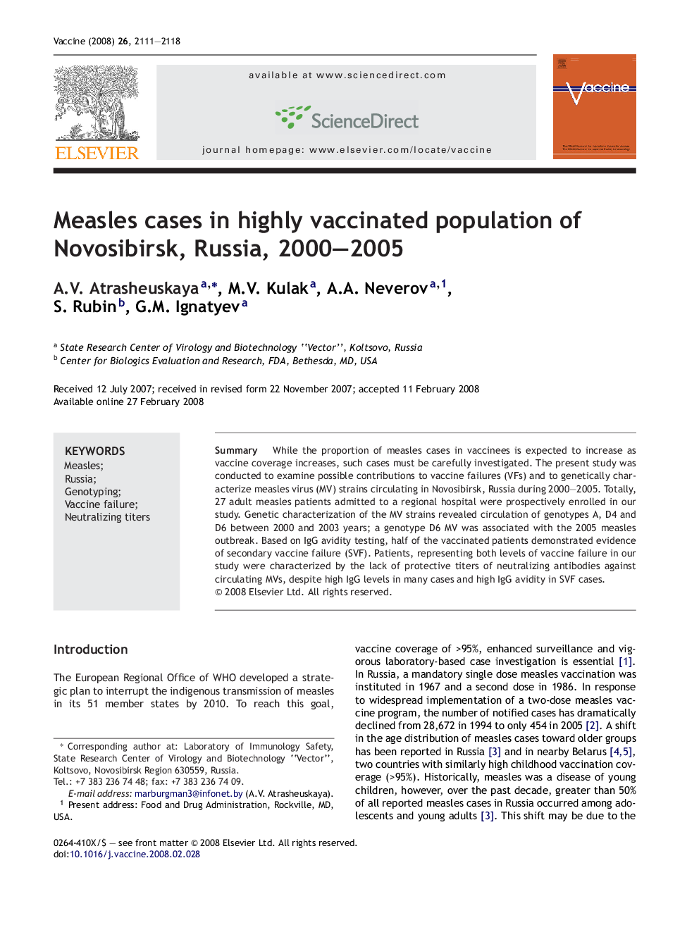 Measles cases in highly vaccinated population of Novosibirsk, Russia, 2000–2005