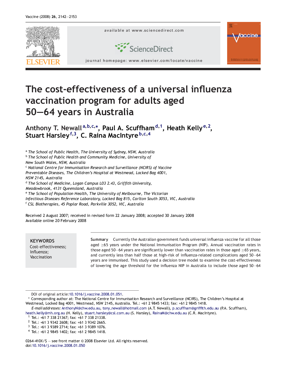 The cost-effectiveness of a universal influenza vaccination program for adults aged 50–64 years in Australia