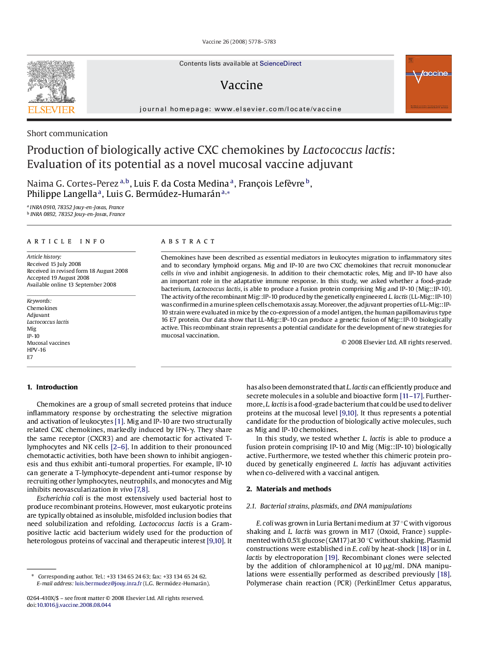 Production of biologically active CXC chemokines by Lactococcus lactis: Evaluation of its potential as a novel mucosal vaccine adjuvant