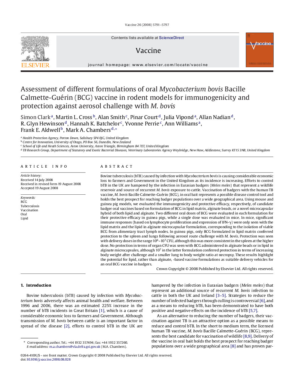 Assessment of different formulations of oral Mycobacterium bovis Bacille Calmette-Guérin (BCG) vaccine in rodent models for immunogenicity and protection against aerosol challenge with M. bovis