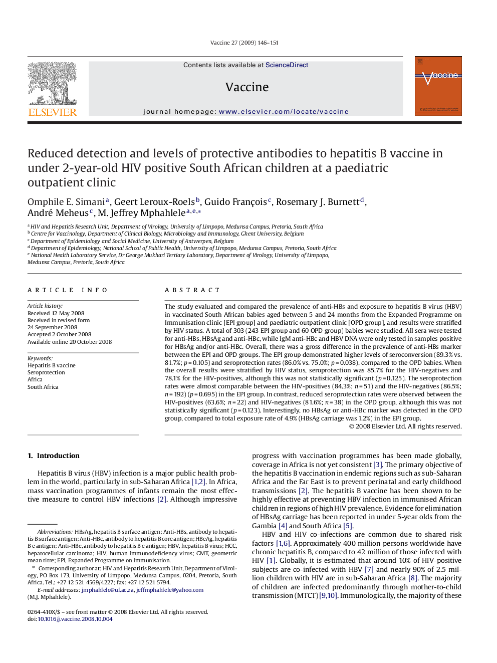 Reduced detection and levels of protective antibodies to hepatitis B vaccine in under 2-year-old HIV positive South African children at a paediatric outpatient clinic