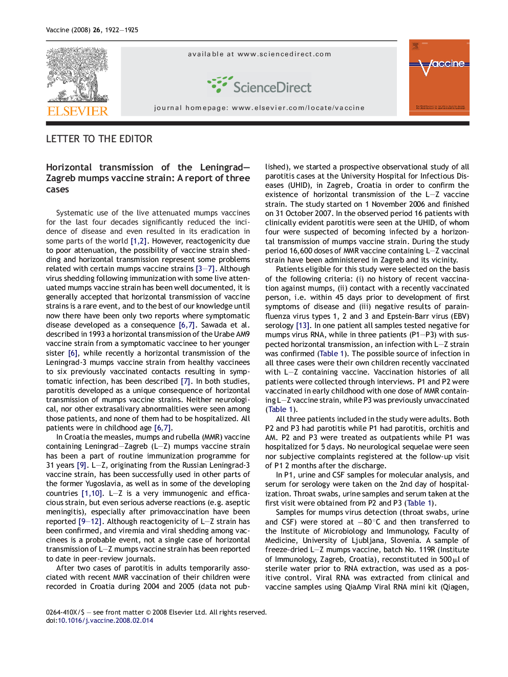 Horizontal transmission of the Leningrad-Zagreb mumps vaccine strain: A report of three cases