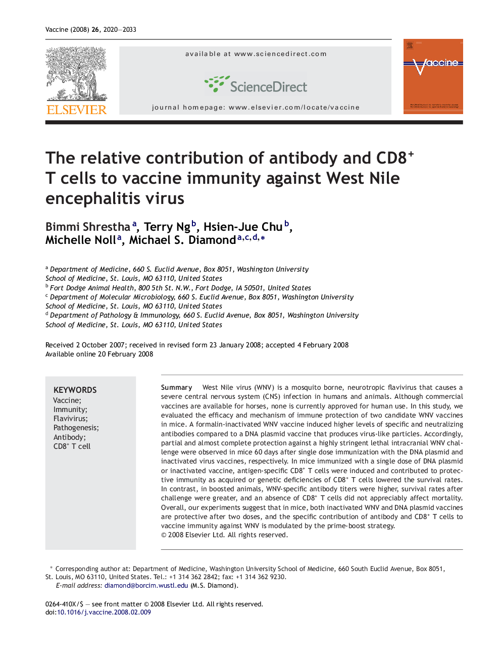 The relative contribution of antibody and CD8+ T cells to vaccine immunity against West Nile encephalitis virus