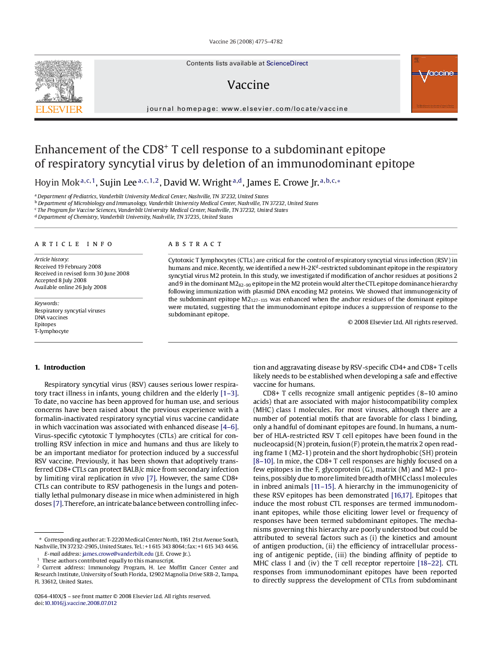 Enhancement of the CD8+ T cell response to a subdominant epitope of respiratory syncytial virus by deletion of an immunodominant epitope