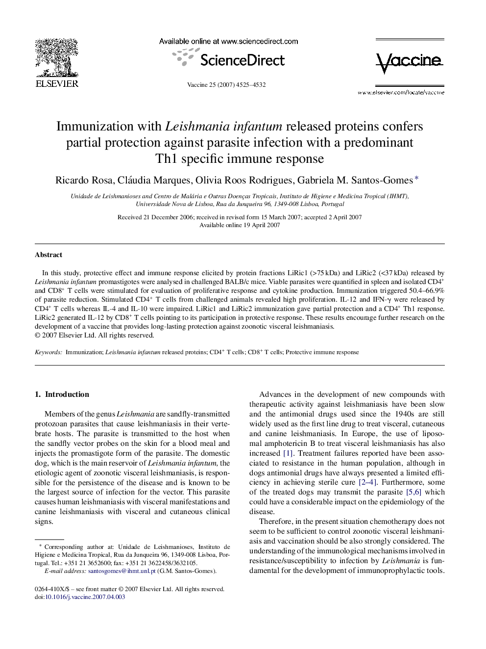 Immunization with Leishmania infantum released proteins confers partial protection against parasite infection with a predominant Th1 specific immune response