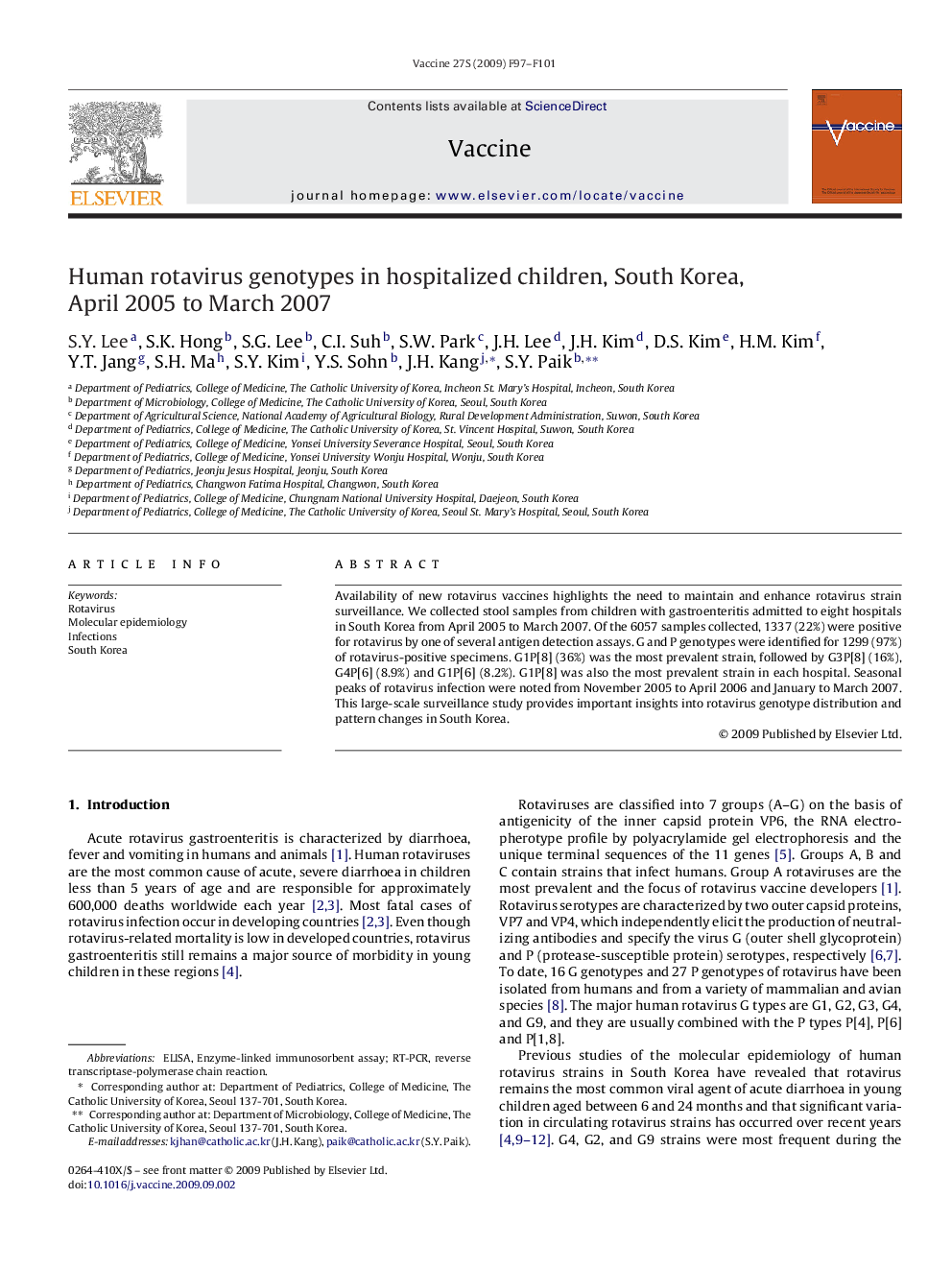 Human rotavirus genotypes in hospitalized children, South Korea, April 2005 to March 2007