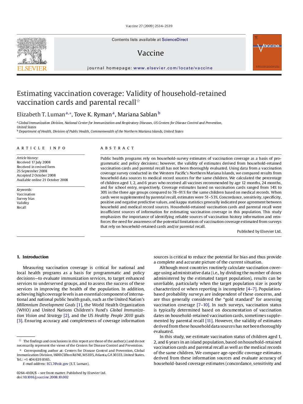 Estimating vaccination coverage: Validity of household-retained vaccination cards and parental recall 