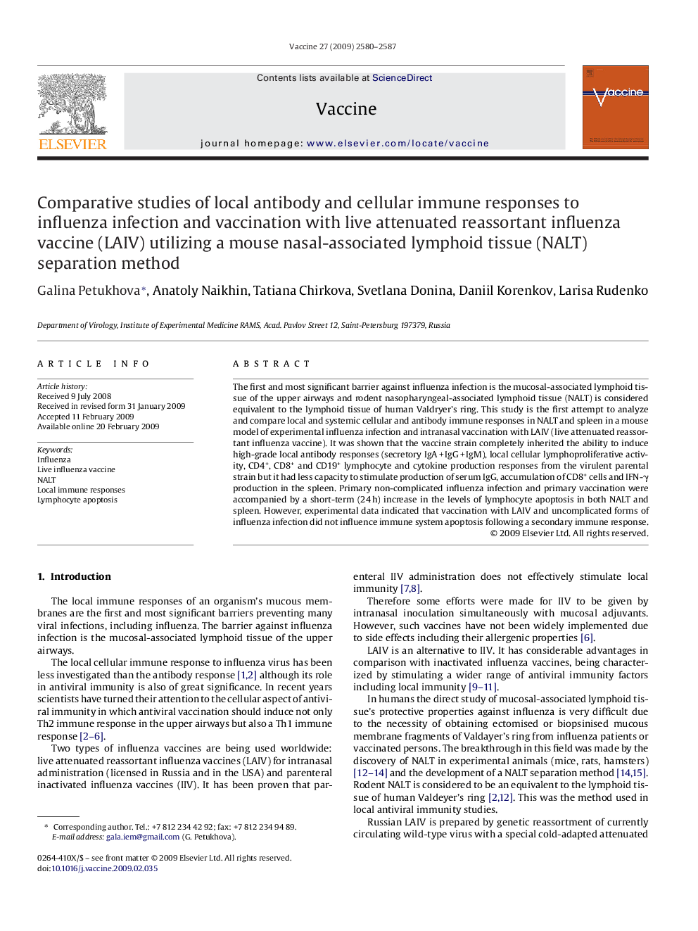 Comparative studies of local antibody and cellular immune responses to influenza infection and vaccination with live attenuated reassortant influenza vaccine (LAIV) utilizing a mouse nasal-associated lymphoid tissue (NALT) separation method