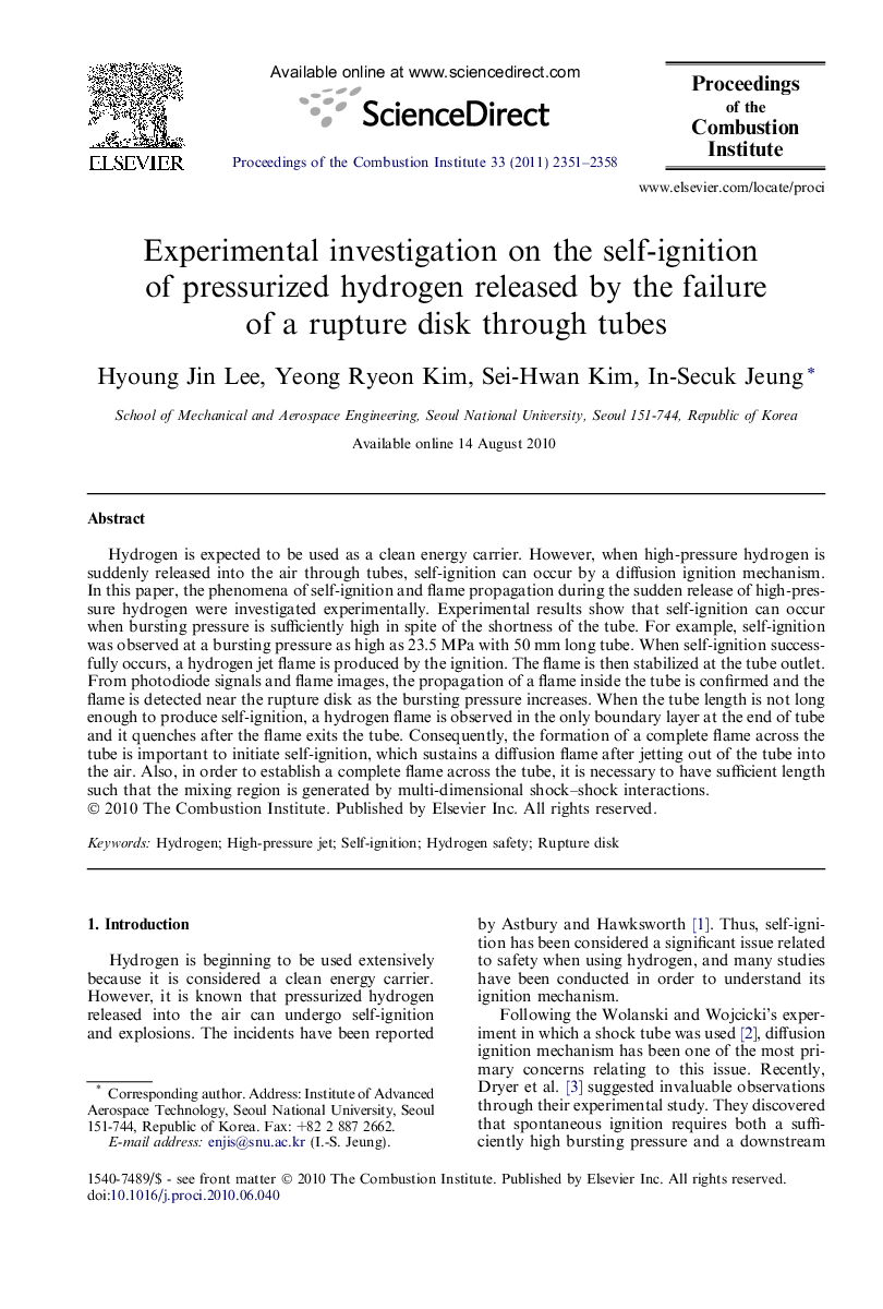 Experimental investigation on the self-ignition of pressurized hydrogen released by the failure of a rupture disk through tubes