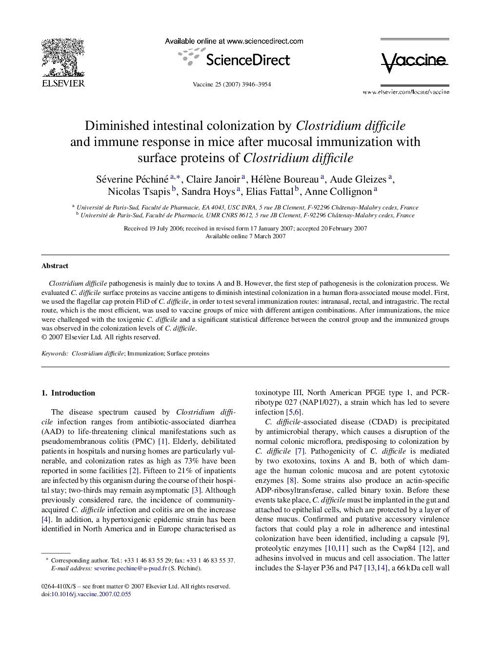 Diminished intestinal colonization by Clostridium difficile and immune response in mice after mucosal immunization with surface proteins of Clostridium difficile