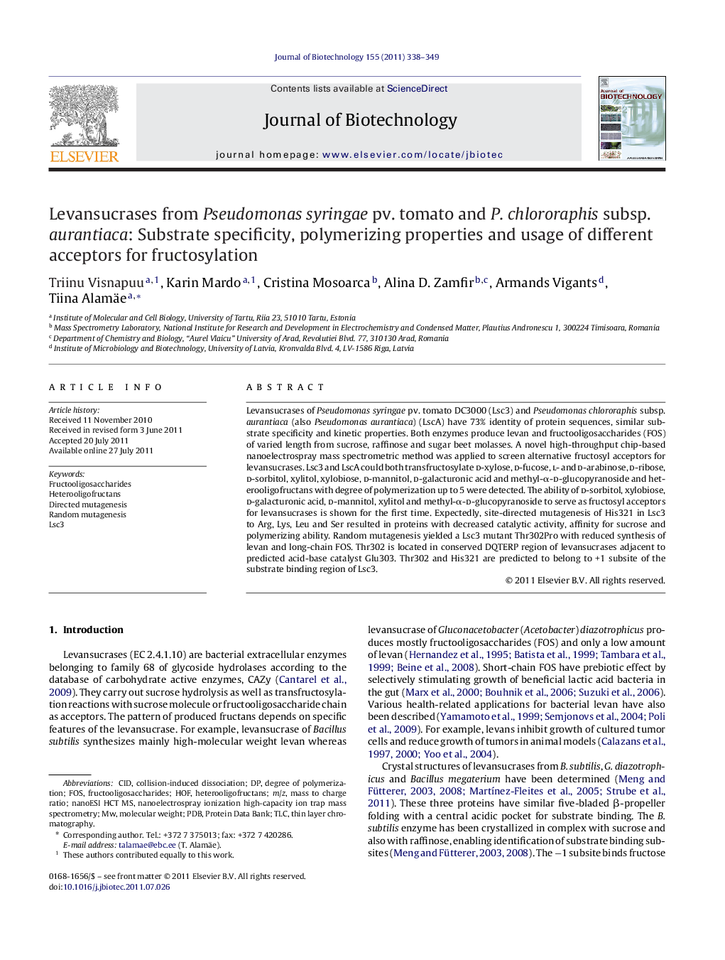 Levansucrases from Pseudomonas syringae pv. tomato and P. chlororaphis subsp. aurantiaca: Substrate specificity, polymerizing properties and usage of different acceptors for fructosylation