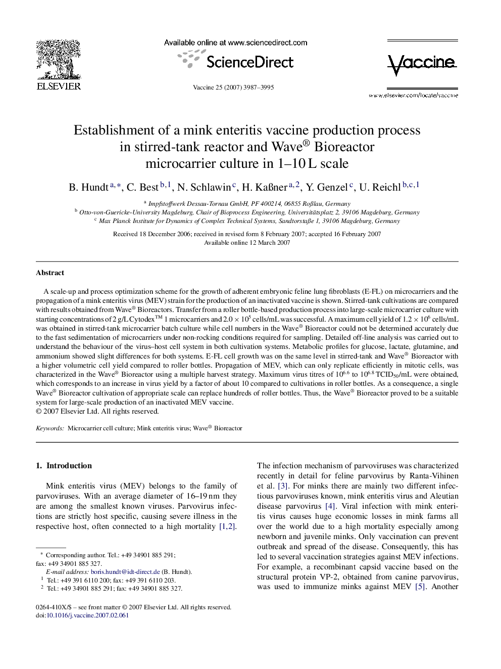 Establishment of a mink enteritis vaccine production process in stirred-tank reactor and Wave® Bioreactor microcarrier culture in 1–10 L scale