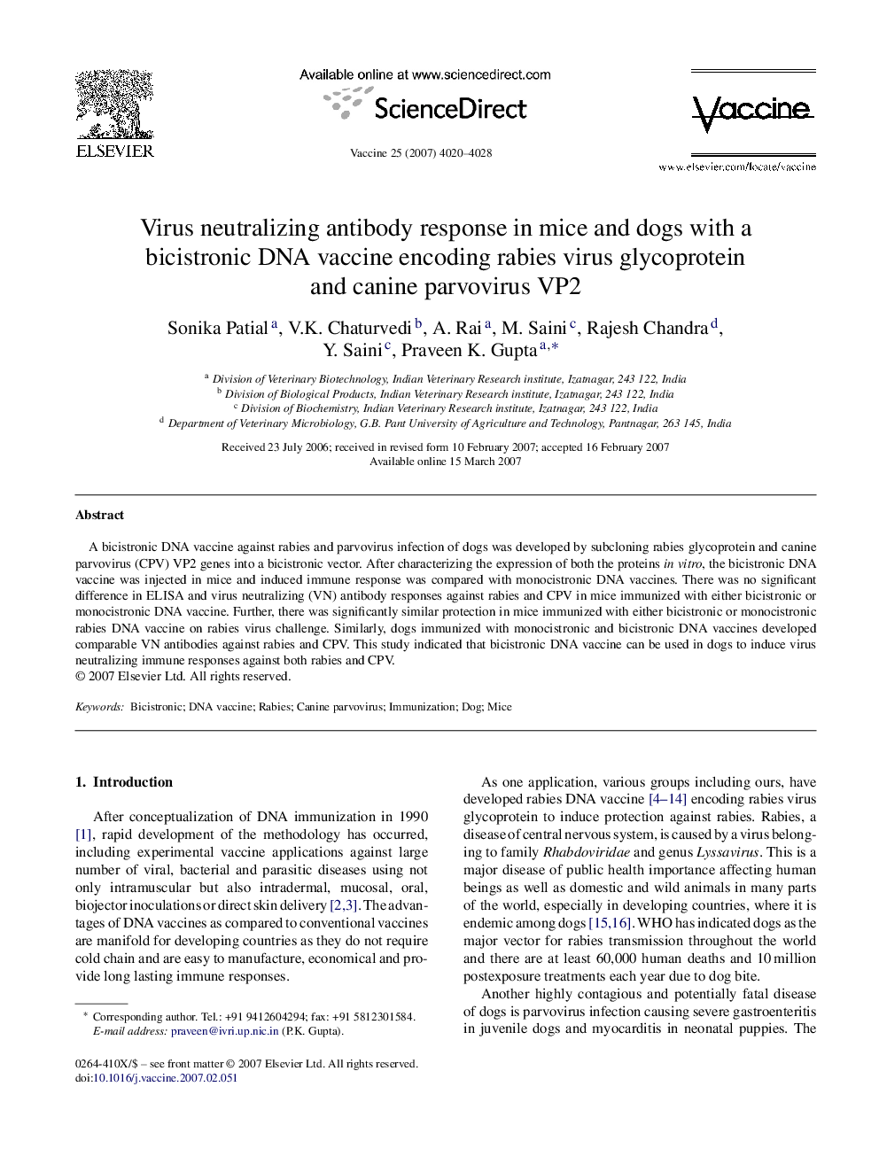 Virus neutralizing antibody response in mice and dogs with a bicistronic DNA vaccine encoding rabies virus glycoprotein and canine parvovirus VP2