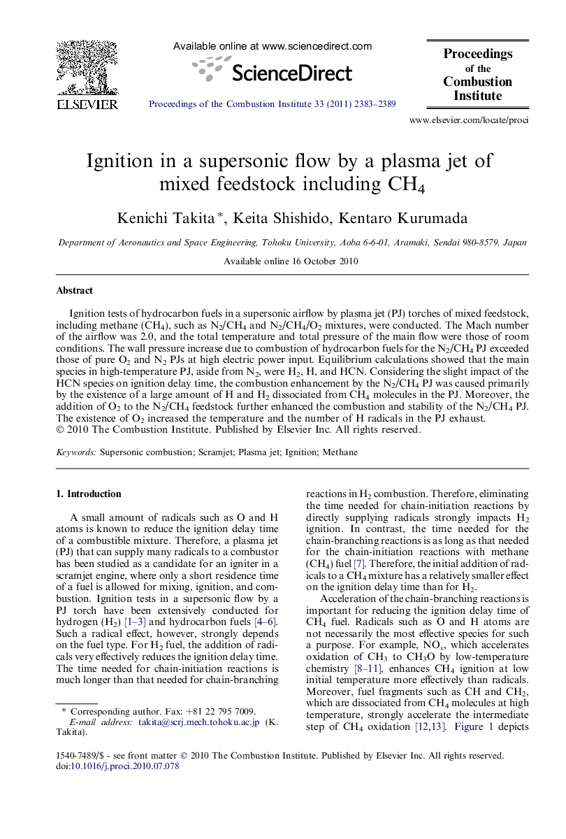 Ignition in a supersonic flow by a plasma jet of mixed feedstock including CH4