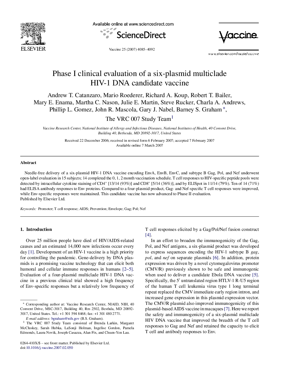 Phase I clinical evaluation of a six-plasmid multiclade HIV-1 DNA candidate vaccine