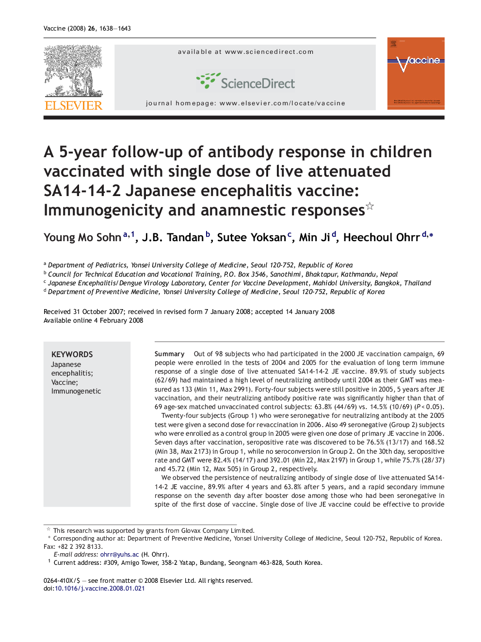 A 5-year follow-up of antibody response in children vaccinated with single dose of live attenuated SA14-14-2 Japanese encephalitis vaccine: Immunogenicity and anamnestic responses 