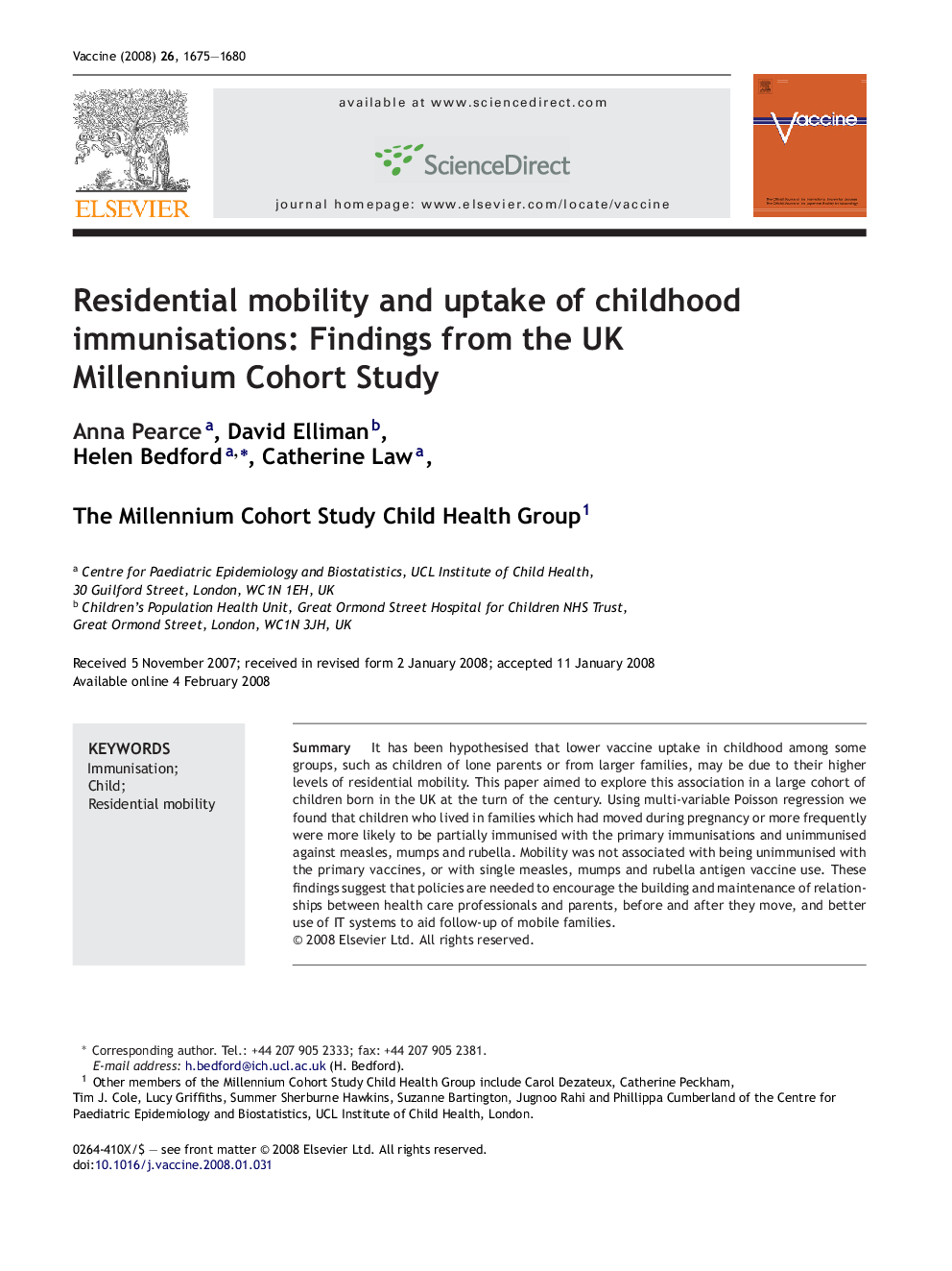 Residential mobility and uptake of childhood immunisations: Findings from the UK Millennium Cohort Study