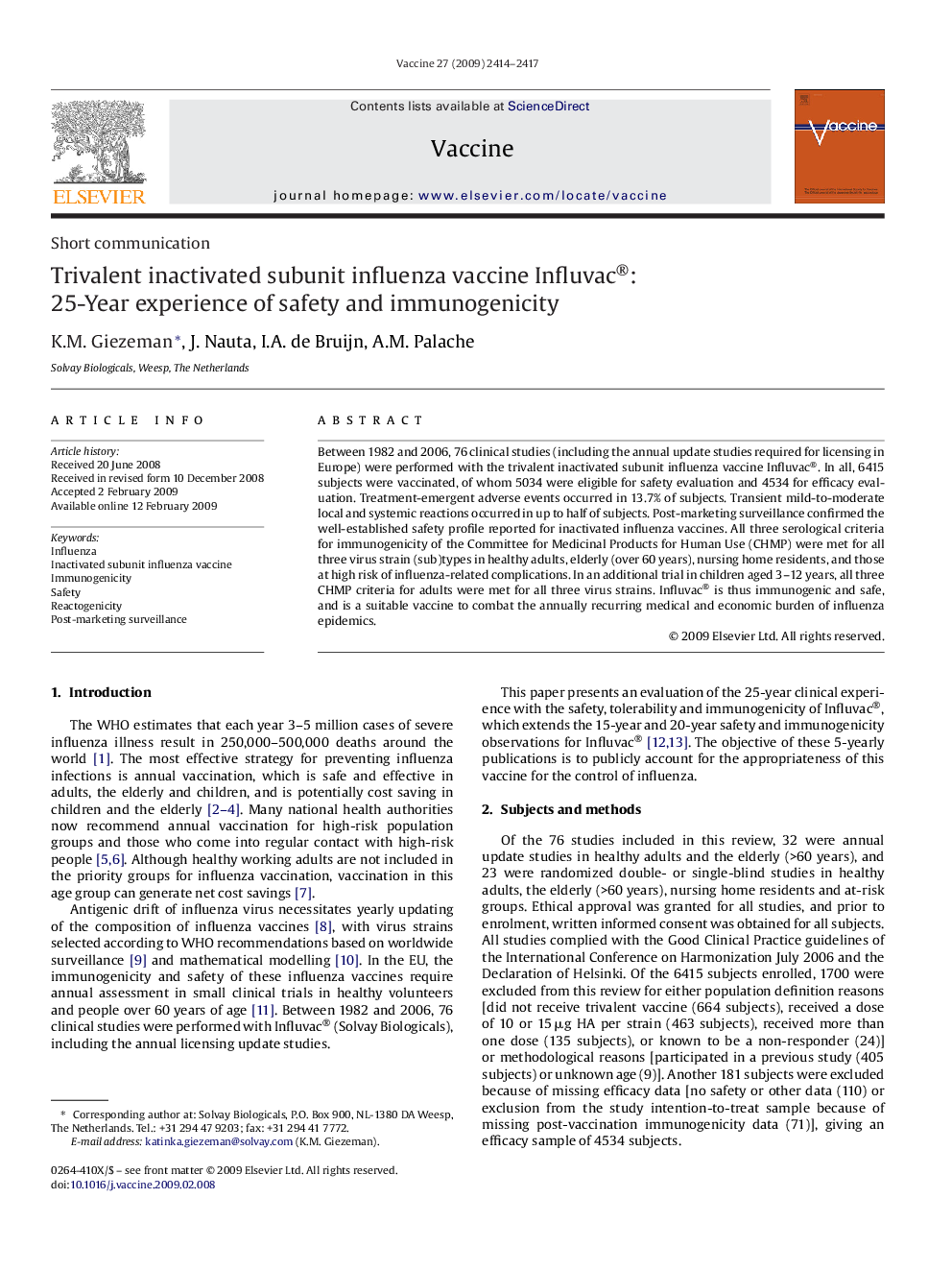 Trivalent inactivated subunit influenza vaccine Influvac®: 25-Year experience of safety and immunogenicity