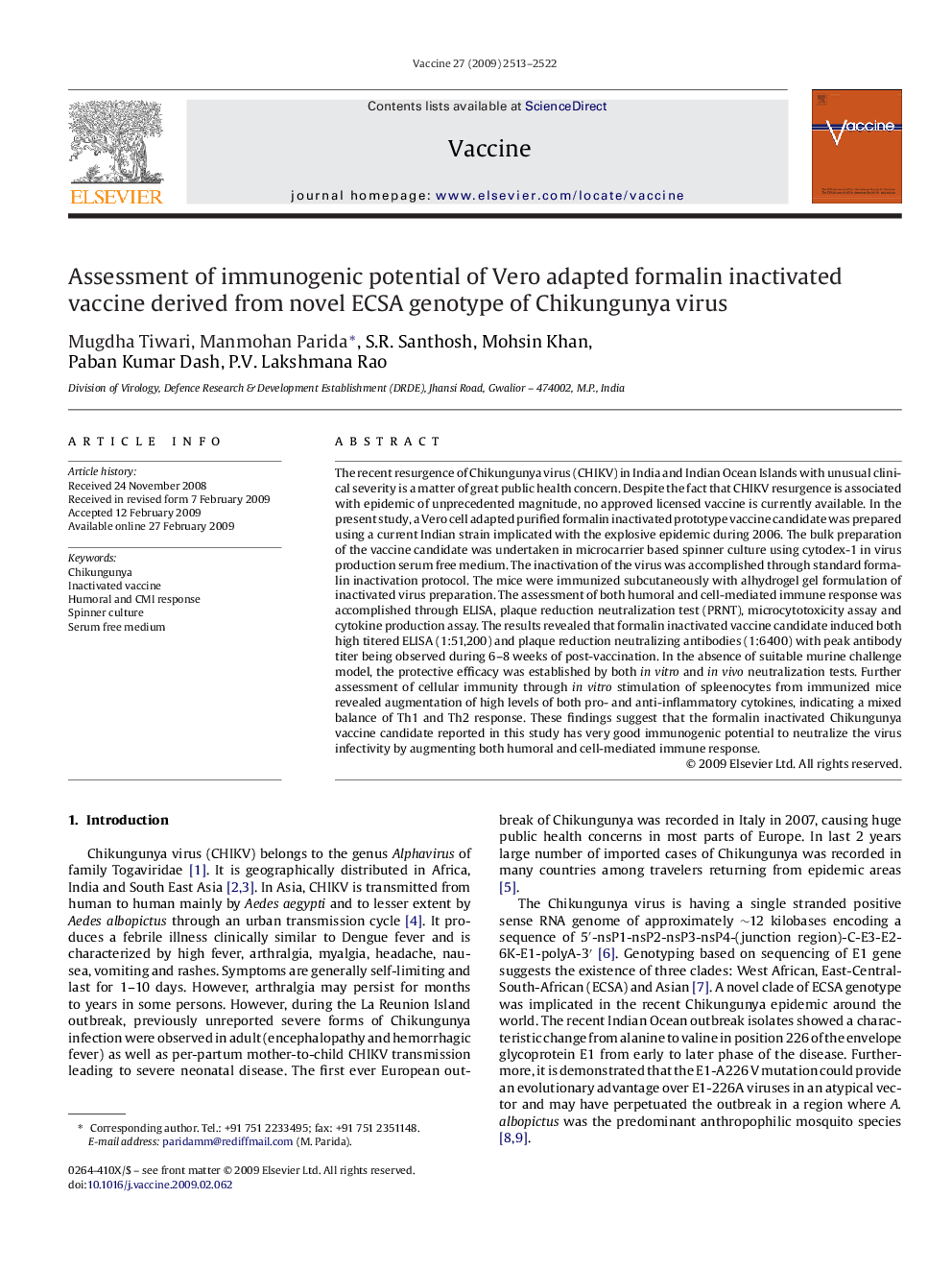 Assessment of immunogenic potential of Vero adapted formalin inactivated vaccine derived from novel ECSA genotype of Chikungunya virus