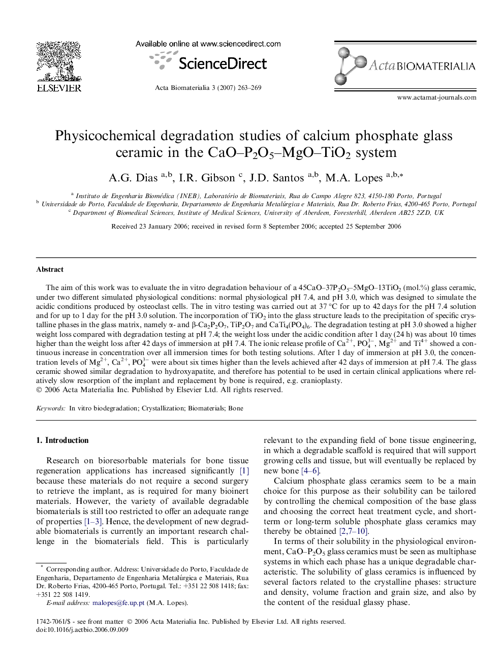 عکس صفحه اول مقاله: Physicochemical degradation studies of calcium phosphate glass ceramic in the CaO–P2O5–MgO–TiO2 system Physicochemical degradation studies of calcium phosphate glass ceramic in the CaO–P2O5–MgO–TiO2 system