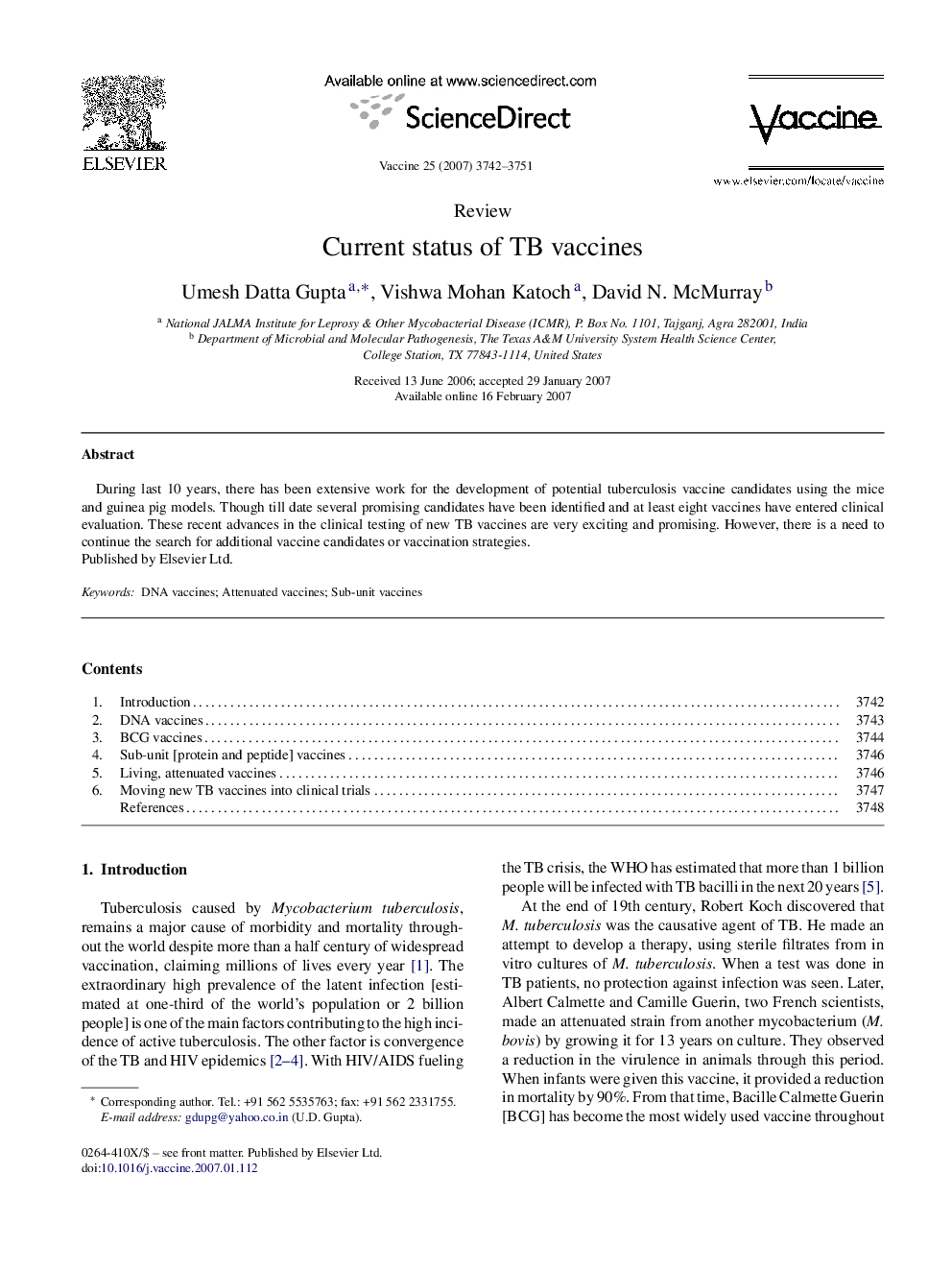 Current status of TB vaccines