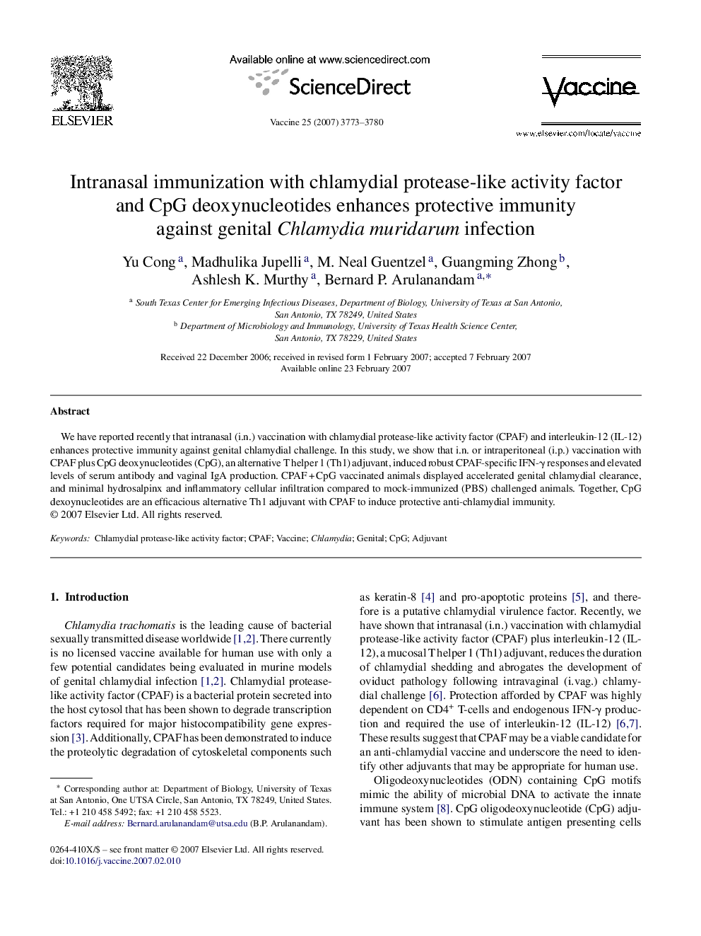 Intranasal immunization with chlamydial protease-like activity factor and CpG deoxynucleotides enhances protective immunity against genital Chlamydia muridarum infection