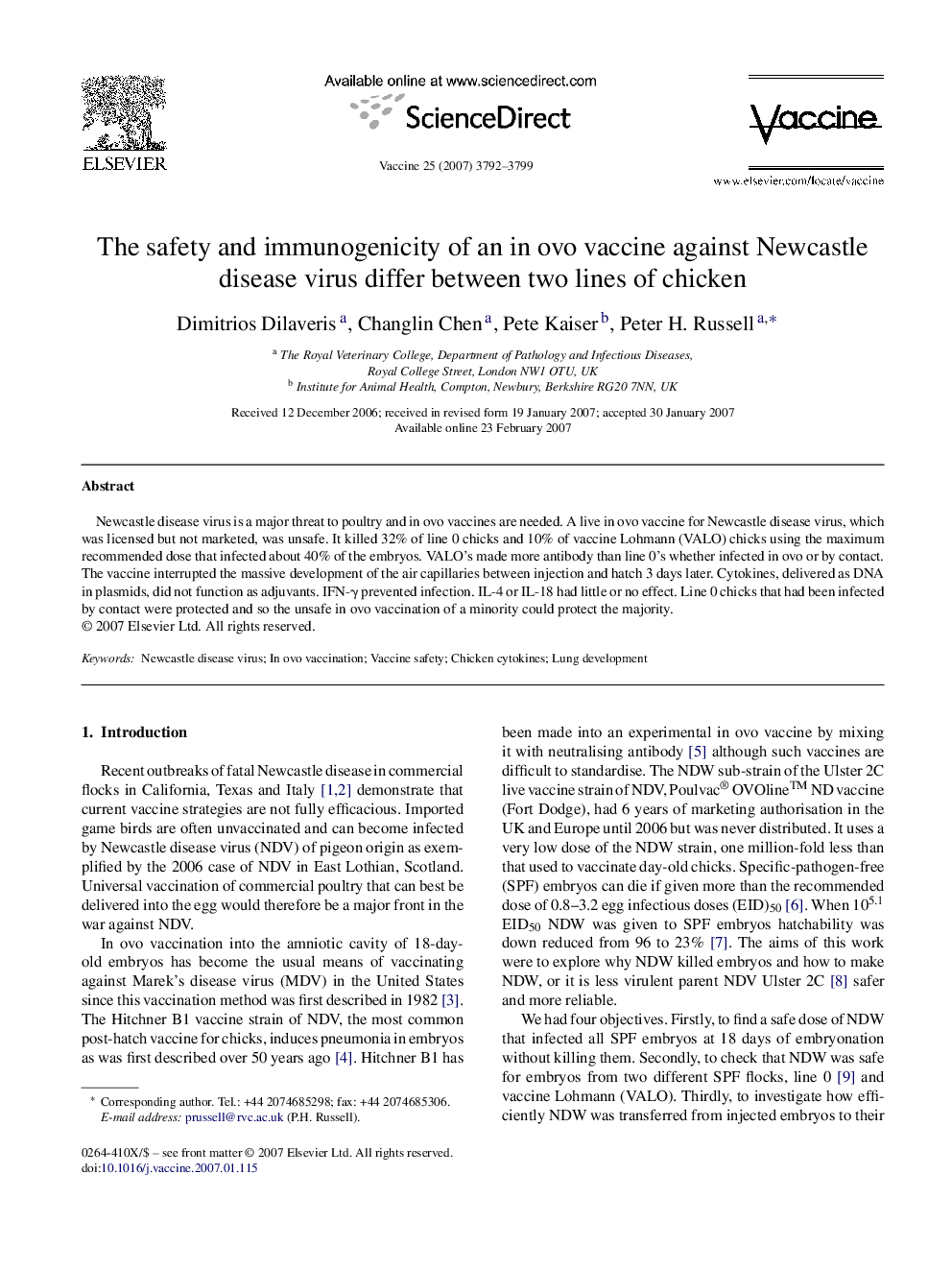 The safety and immunogenicity of an in ovo vaccine against Newcastle disease virus differ between two lines of chicken